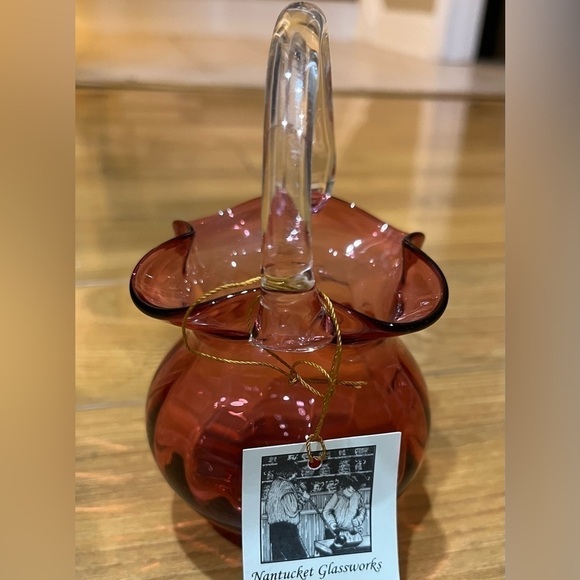 Nantucket Glassworks Cranberry Ruffled Glass Basket - Picture 2 of 3